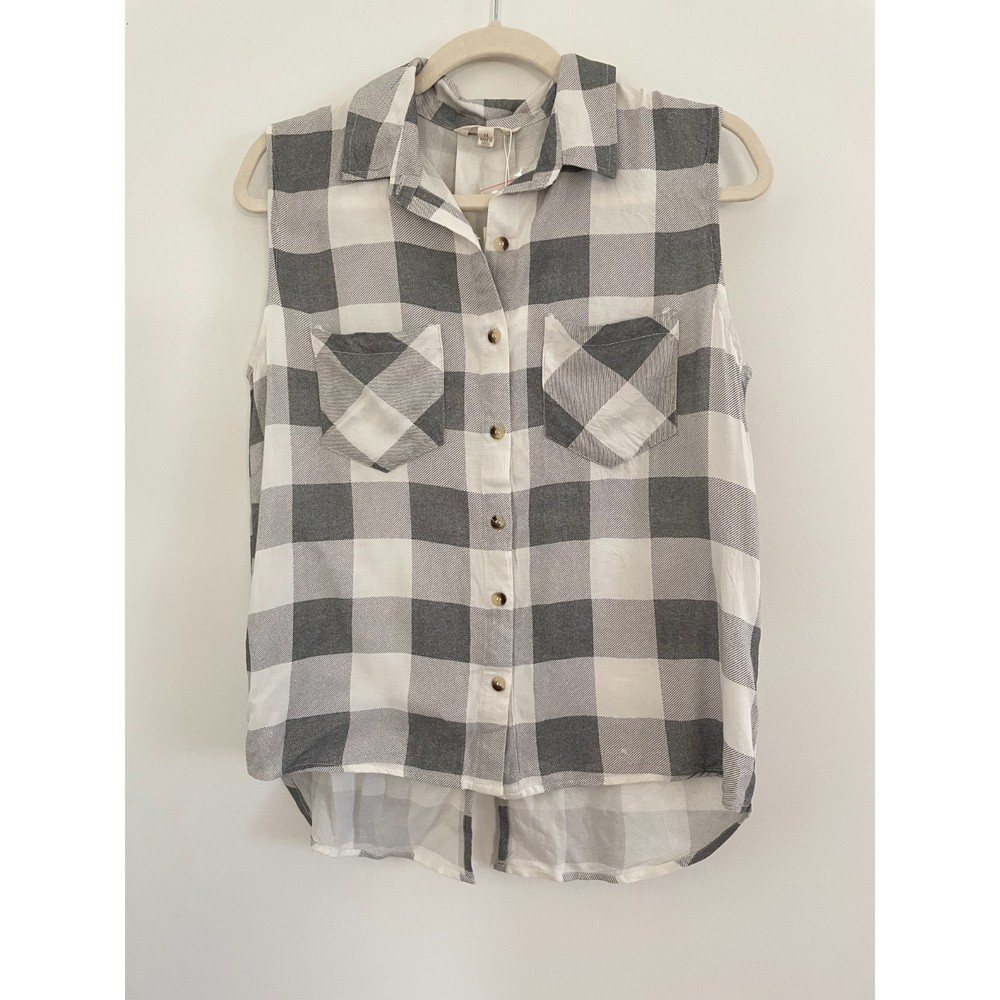 Sim & Sam Buffalo Plaid Gray SLeeveless top Shirt Western Size Medium New